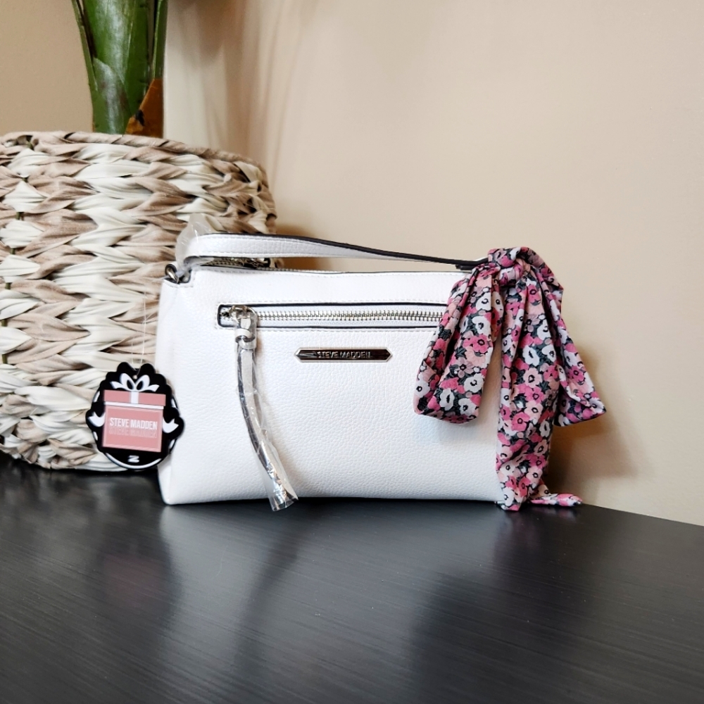 STEVE MADDEN | White, Removable Scarf, Adjustable Crossbody Strap Bag